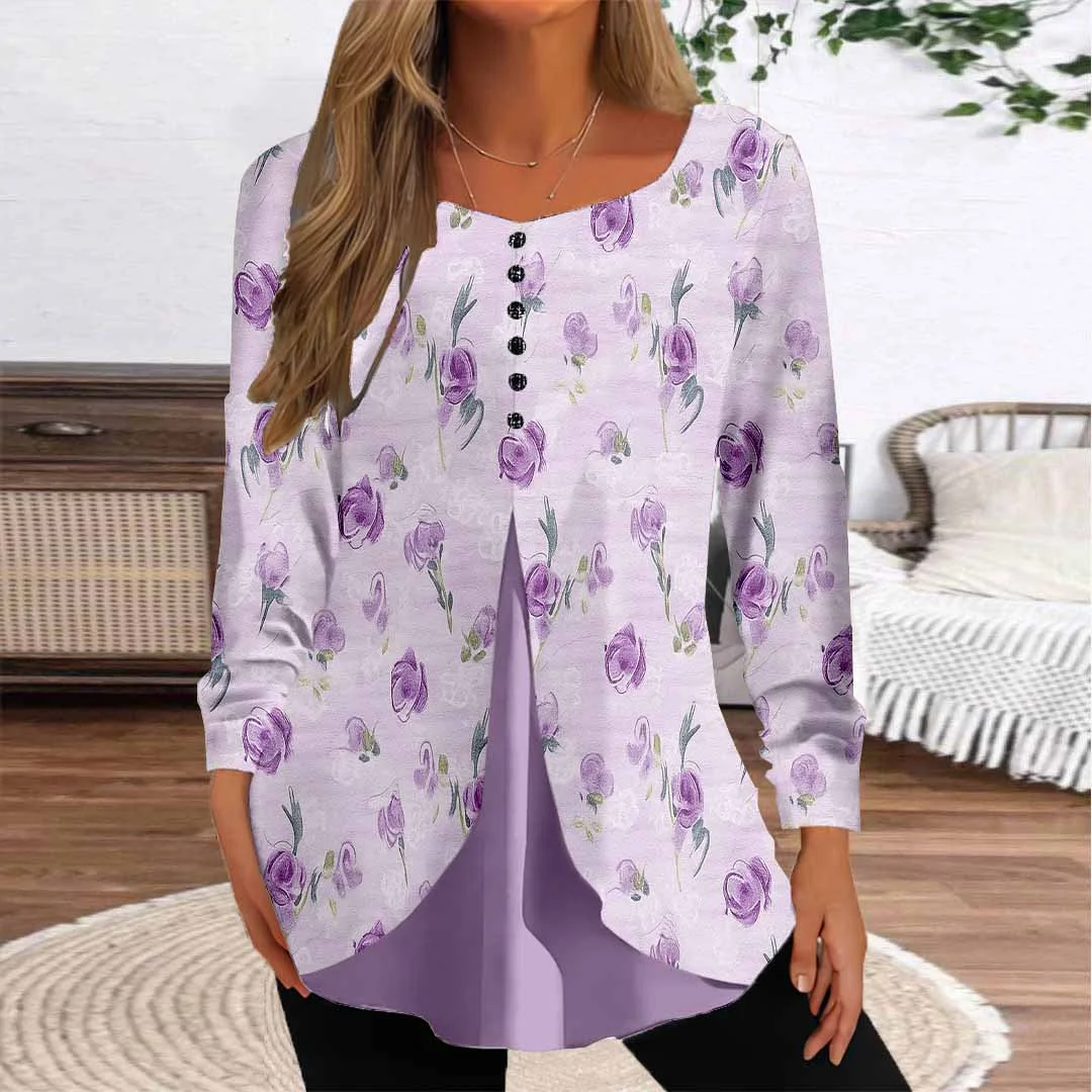 Women Floral,Purple DZGG8309 Long Sleeve Scoop Neck Printed Graphic Button Fake 2in1 Tops