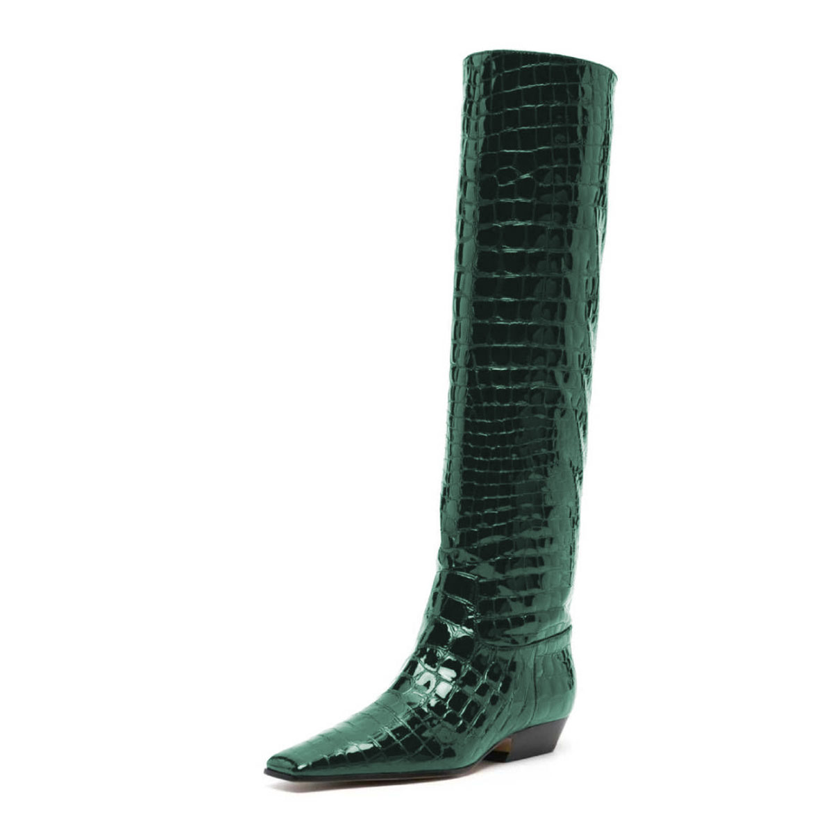 Green Crocodile Embossed Square Toe Low Heel Knee High Boots for Women Nicepairs