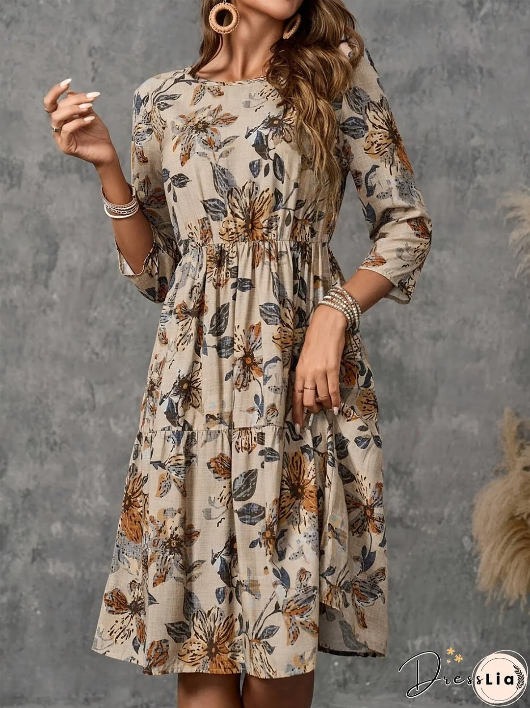 Printed Round Neck Three-Quarter Sleeve Dress