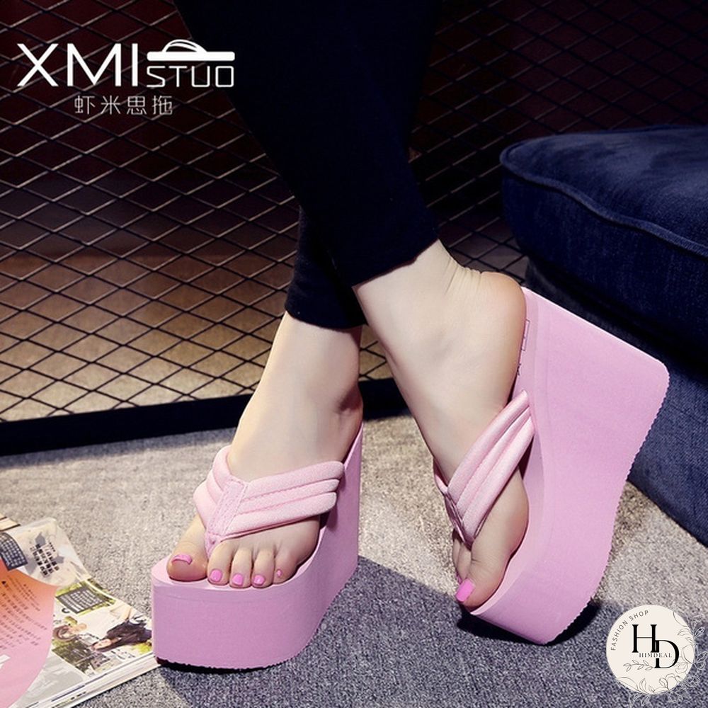 Women Summer Slipper Soild Wedge Platform Flip Flops High Heels Beach Sandals Ladies Thick High