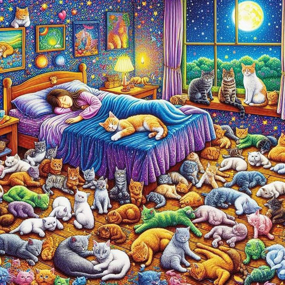Girl And Cats 40*40cm(canvas) full round drill diamond painting