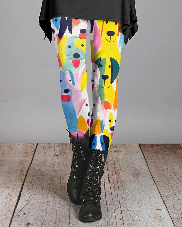 Funny Cartoon Colorful Dog Print Casual Leggings