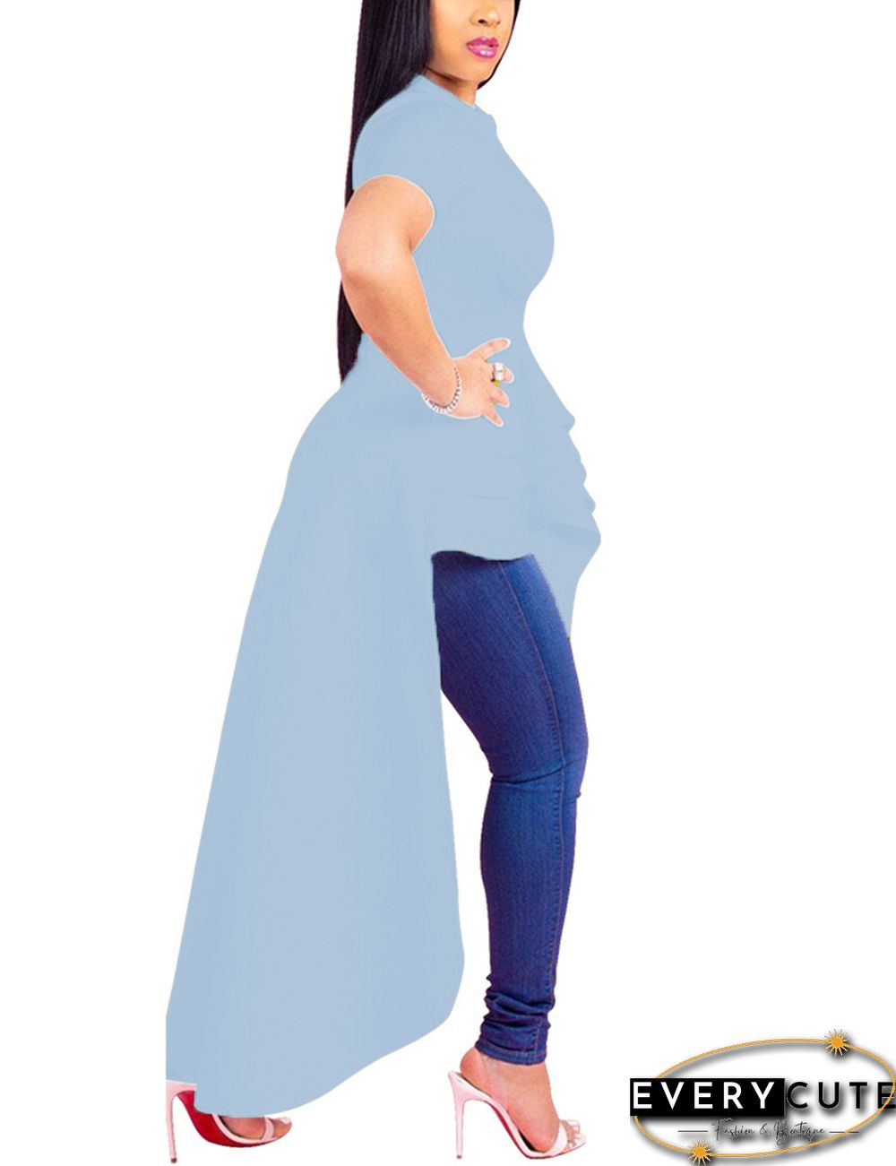 Light Blue Ruffles Hem Short Front Evening Dress