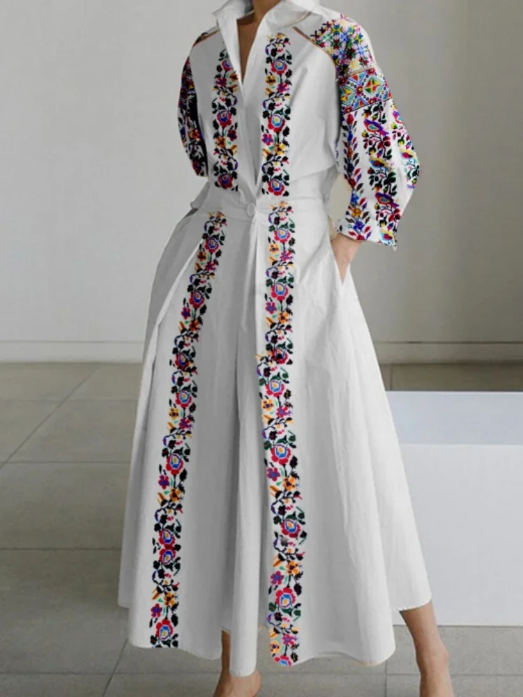 Sthobis Women's Floral Printed Vintage Shirt Dress Turn down Collar A-Line 3/4 Sleeve Casual Elegant Fashion Retro Streetwear