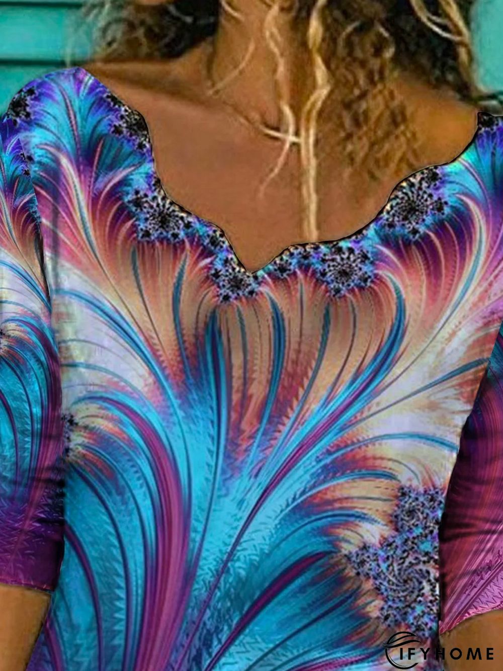 Floral-Print Cotton-Blend Long Sleeve V Neck T-shirt | IFYHOME