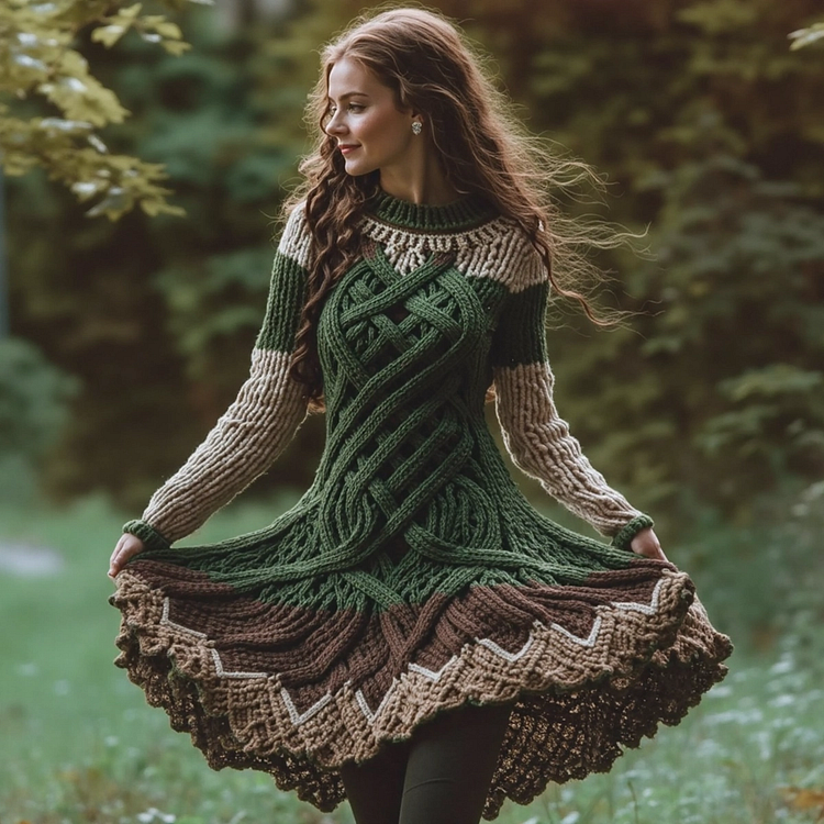 Utbros Women's Celtic Knotted Gradient Contrasting Colors Sweater Dress