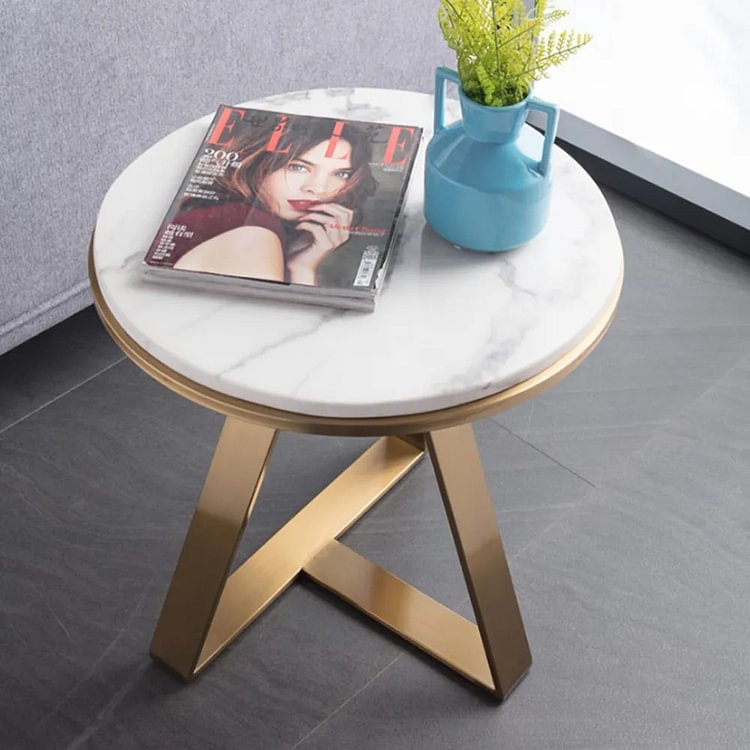 Homemys Bernadino Luxury Round Marble Side Table, Gold Metal Geometric-shaped Frame, White