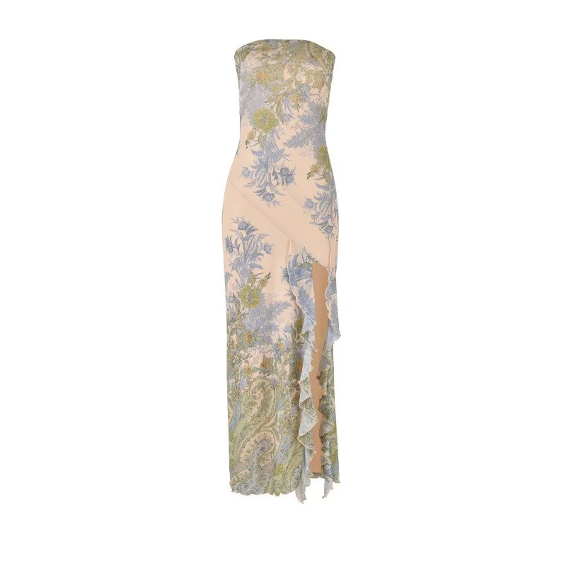 Athvotar Athvotar New Temperament Elegant Wind Mesh Printing Open Body Tector Dress Dress Long Dress