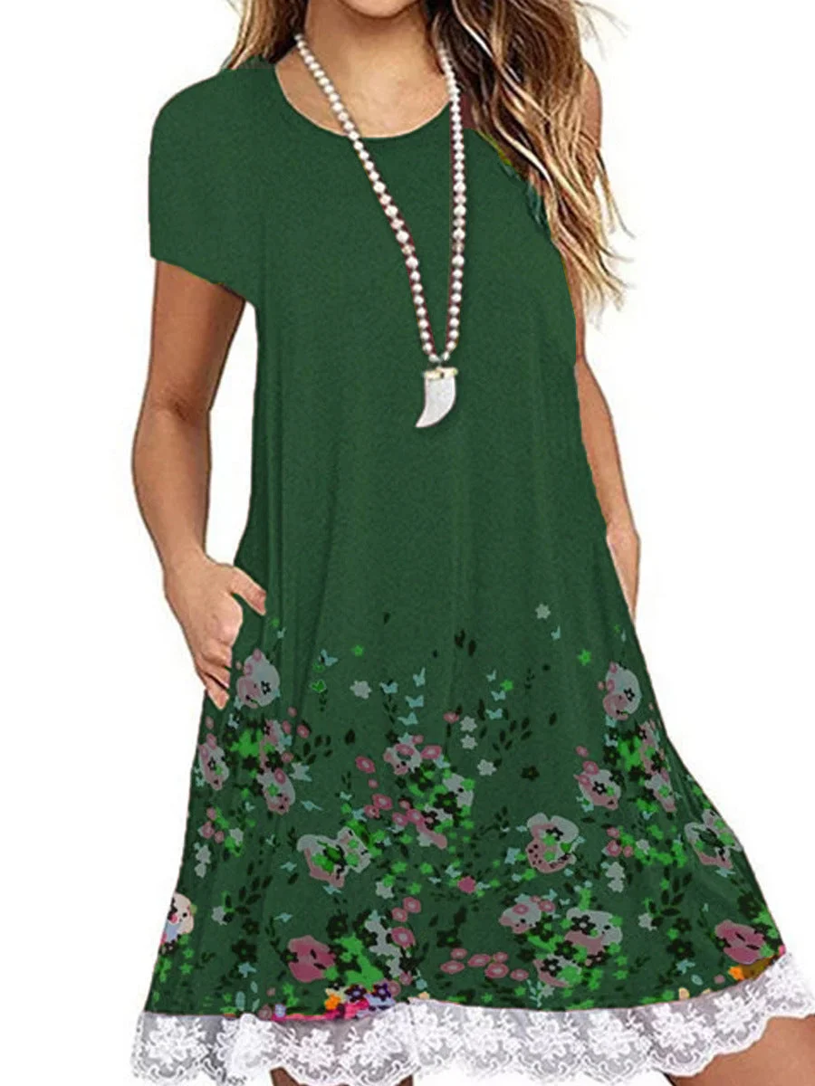 Lace Panel Round Neck Short Sleeve Print Dress