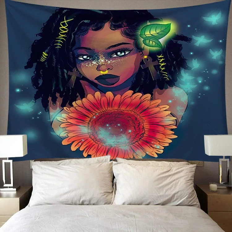 Black Art Tapestry Afro African American Woman Couple Red Wine Love Meditation Hippie Hip Hop Girl Wall Hanging Cloth Tapestries