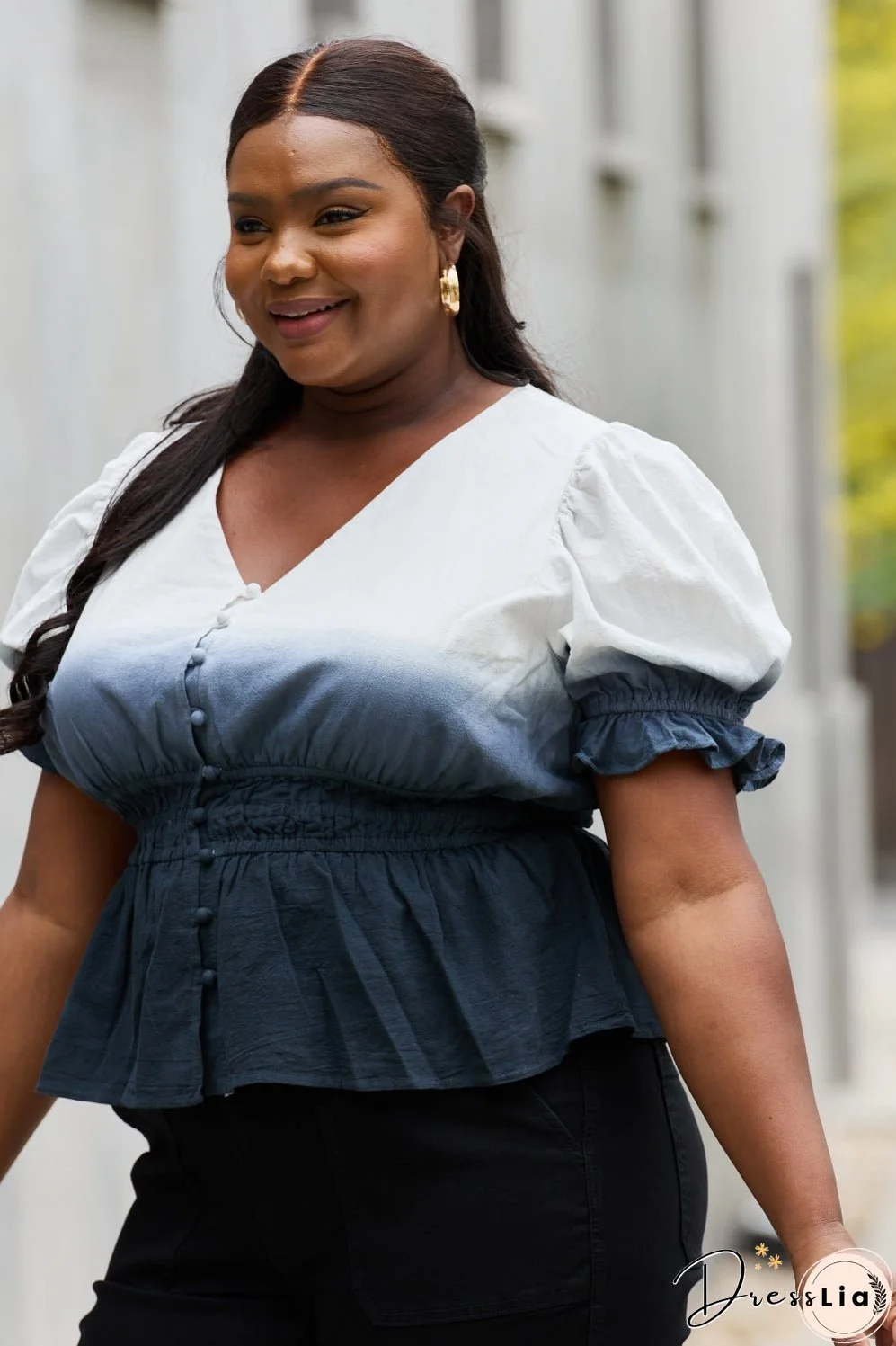 White Birch Full Size Smocked Waist Ombre Woven Top