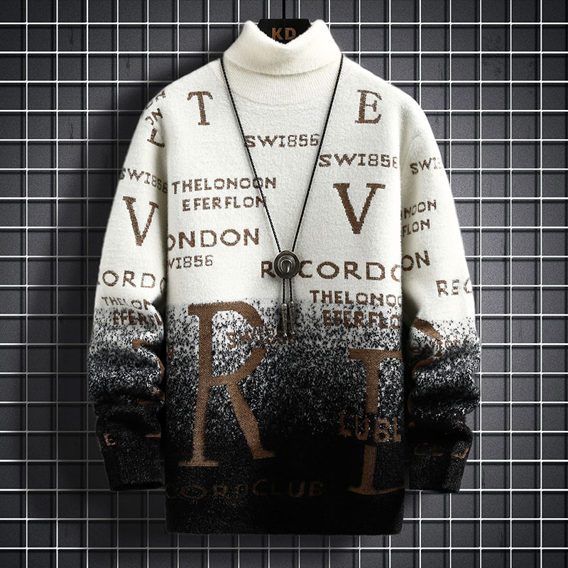 Mens Winter Thicken Fleece Sweater Mens Korean Casual Slim Letter Print Turtleneck Knitted Pullover Outdoor Warm Sweatshirt 5XL