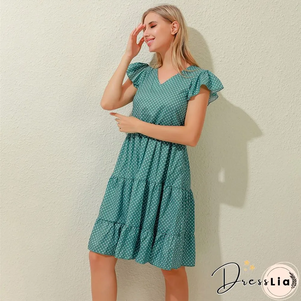 Summer Sundress Women Ruffles Sleeves V-Neck Dot Boho Vest Multi-Layer Connection Hem
