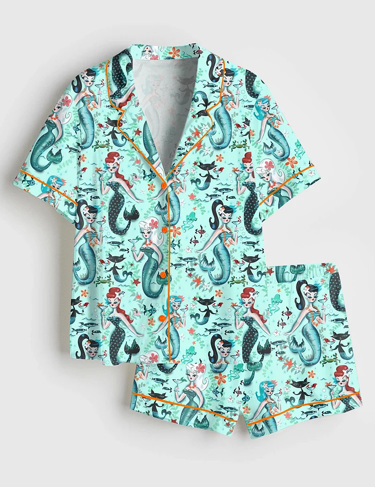Women&rsquo;s Aqua Retro Mermaids Teal Pinup Girls Martini Mermaids Short Sleeve Satin Pajama Set