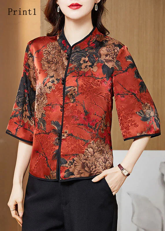 Vintage Red Mandarin Collar Print Silk Shirt Tops Half Sleeve