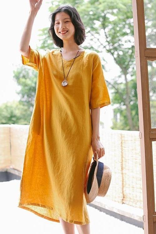 Loose Women Linen Yellow Dresses Summer Casual Outfits Q9410