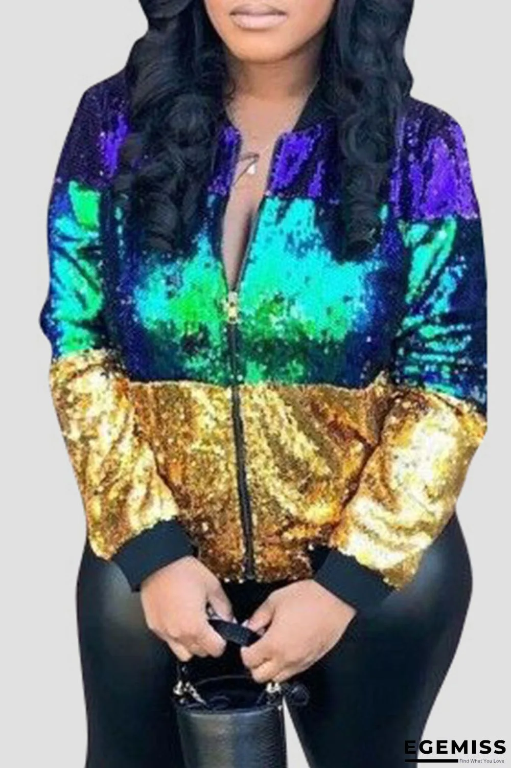 Green Purple Casual Street Solid Sequins Patchwork Zipper Outerwear | EGEMISS