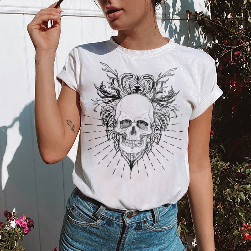 Classic skull print ladies white T-shirt designer