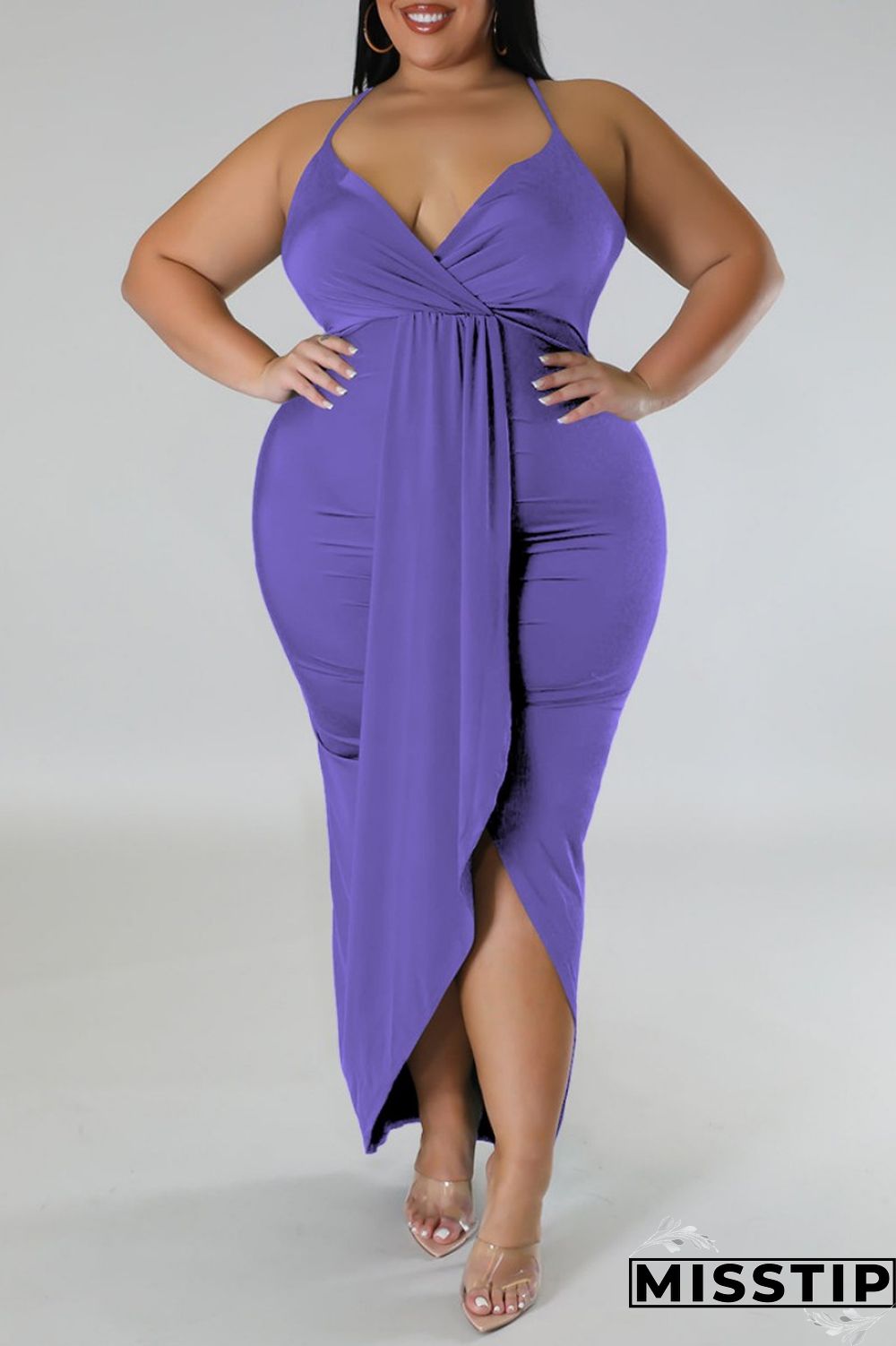 Purple Sexy Solid Patchwork Backless V Neck Sling Dress Plus Size Dresses