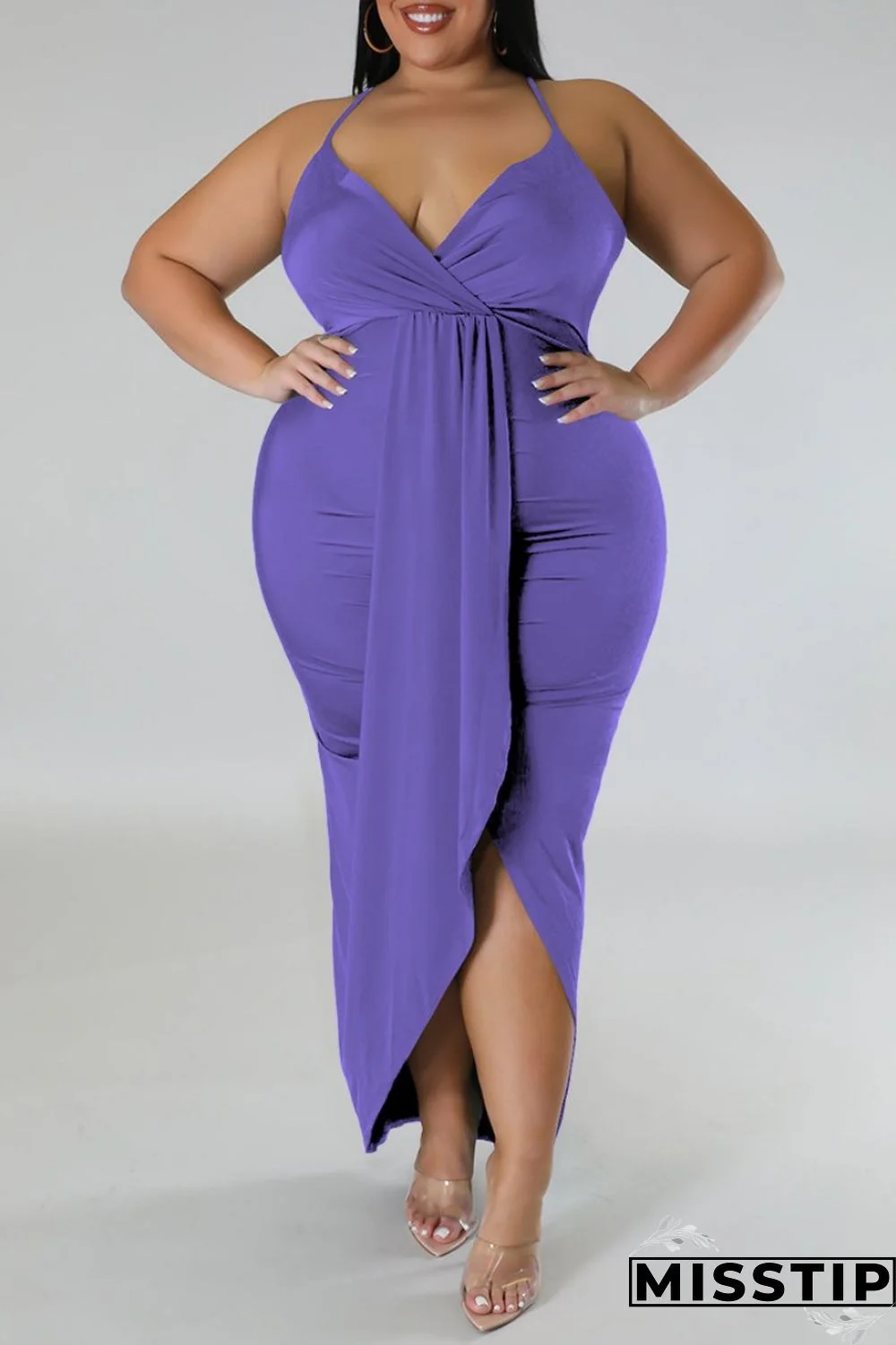 Purple Sexy Solid Patchwork Backless V Neck Sling Dress Plus Size Dresses