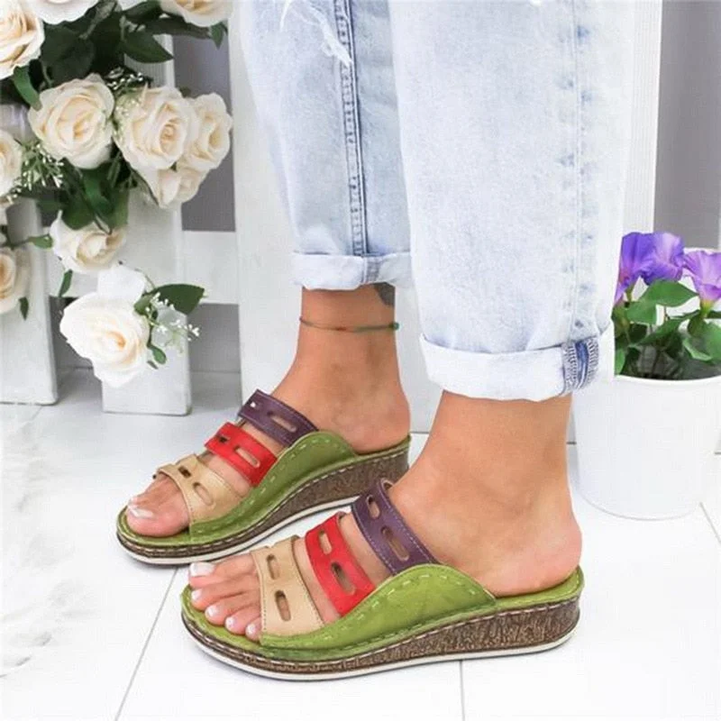 New Women Summer Orthopedic Sandals Women Car Line Slides Open Toe Sandals Breathable Leather Casual Female Platform Retro Shoe 530