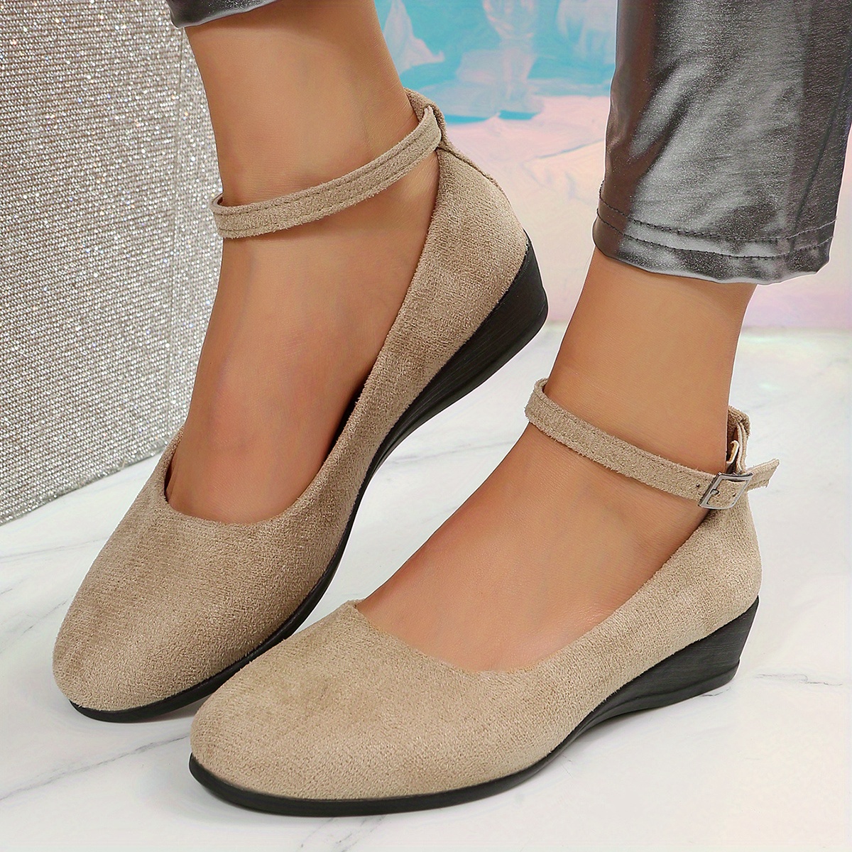 Women's Wedge Heel Ankle Strap Shoes Solid Color Soft Sole Anti-skid Shoes