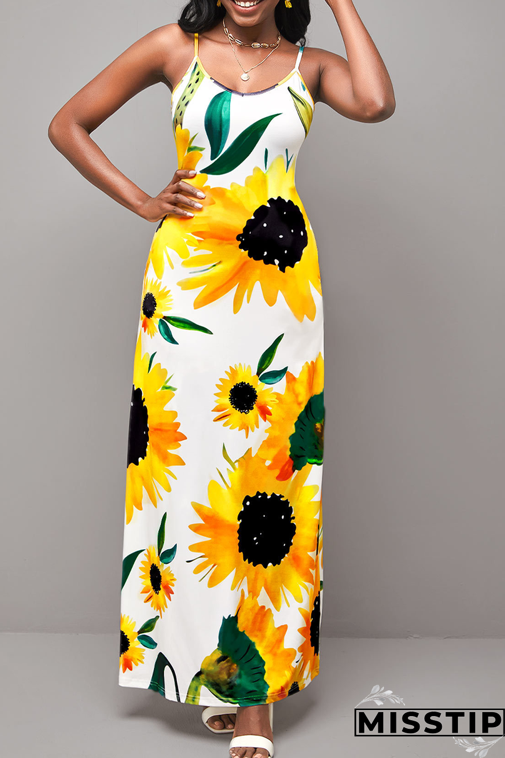 Black Fashion Print Patchwork Spaghetti Strap Straight Dresses