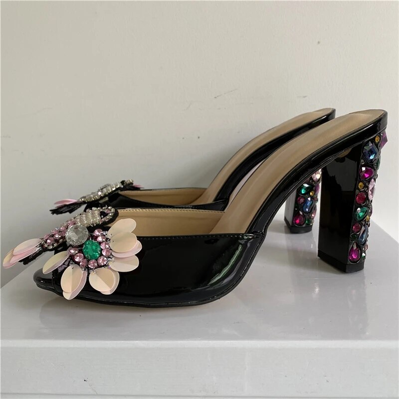 VCSHOES Diamond High Heel Sandals For Girls Women Bling Sequins Rhinestone Flower Patent Leather Peep Toe Lady Mules