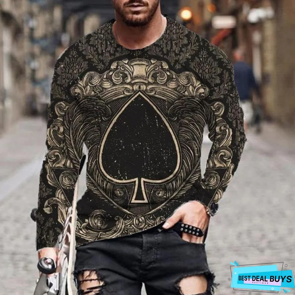 Men's Street Leisure Trend Poker Printed Flower Long Sleeve T-Shirt