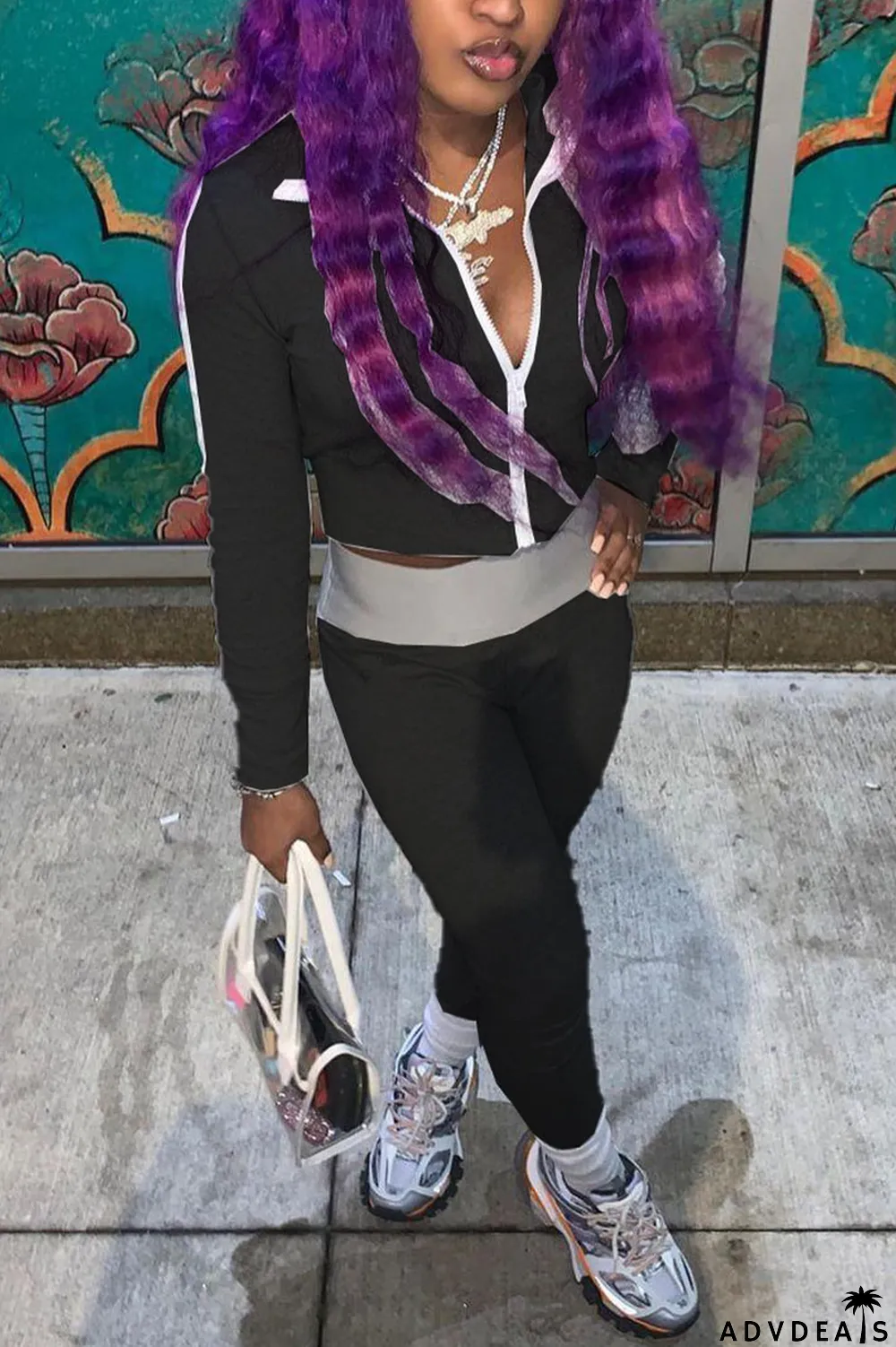 Orange Sportswear Solid Patchwork Turndown Collar Long Sleeve Two Pieces