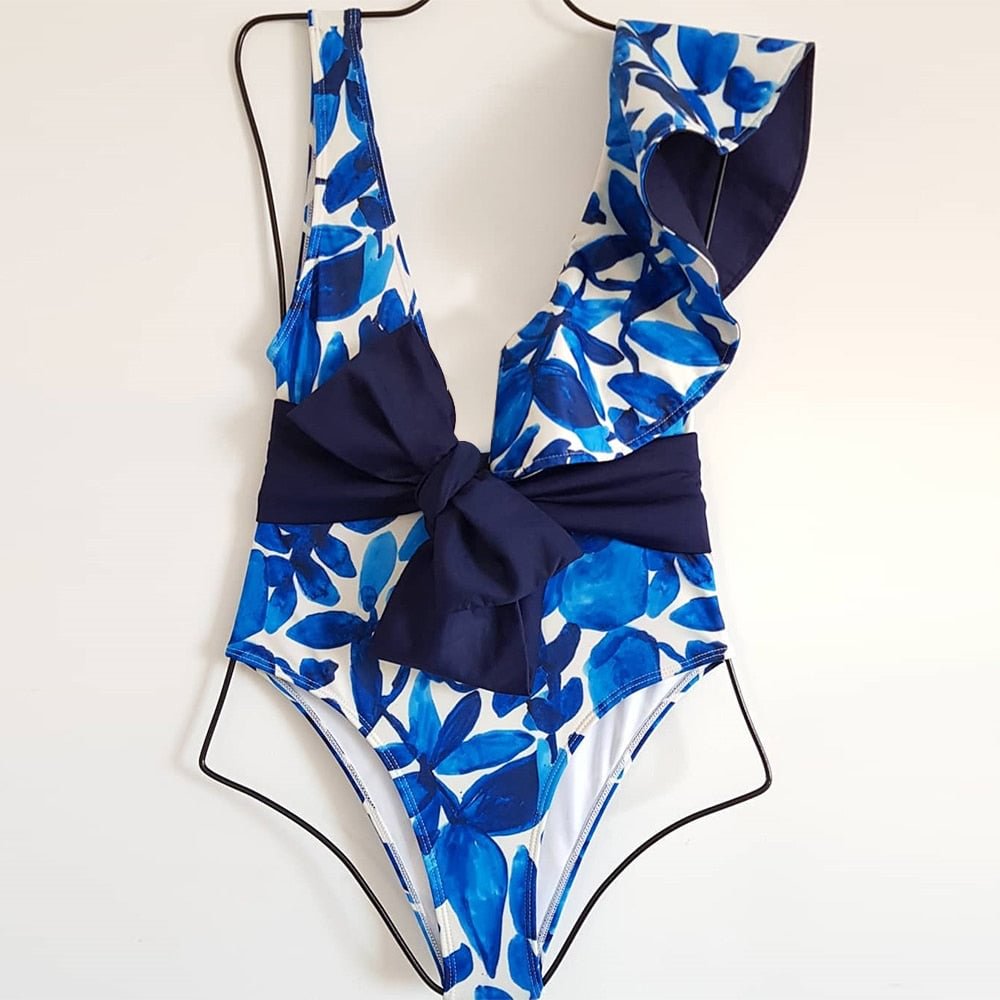 2021 New Print Floral Bandage One Piece Swimwear Swimsuit Women Ruffle Push Up Summer Beach Wear Strappy Bathing Suit Monokini