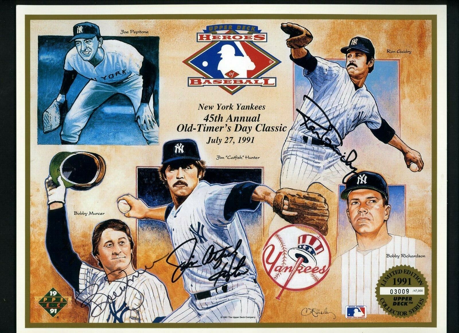 Bobby Murcer Guidry Catfish Hunter SIGNED Upper Deck 1991 Old Timer's Day Photo Poster painting