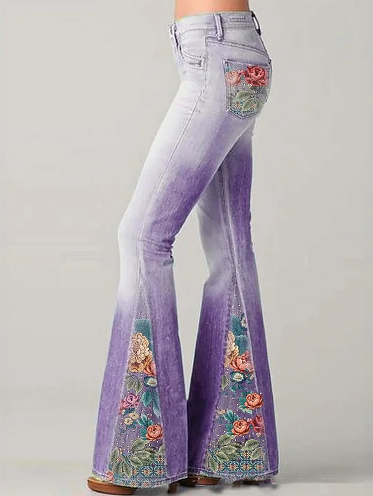 Denim Casual Floral Pattern Pocket Flare Leg Pants