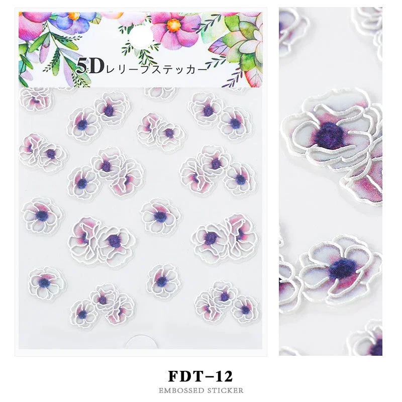 Nail Stickers Embossed 5D Flowers Leafs Designs Back Glue Nail Decals Decoration Tips For Beauty Salons-Nail Inspo