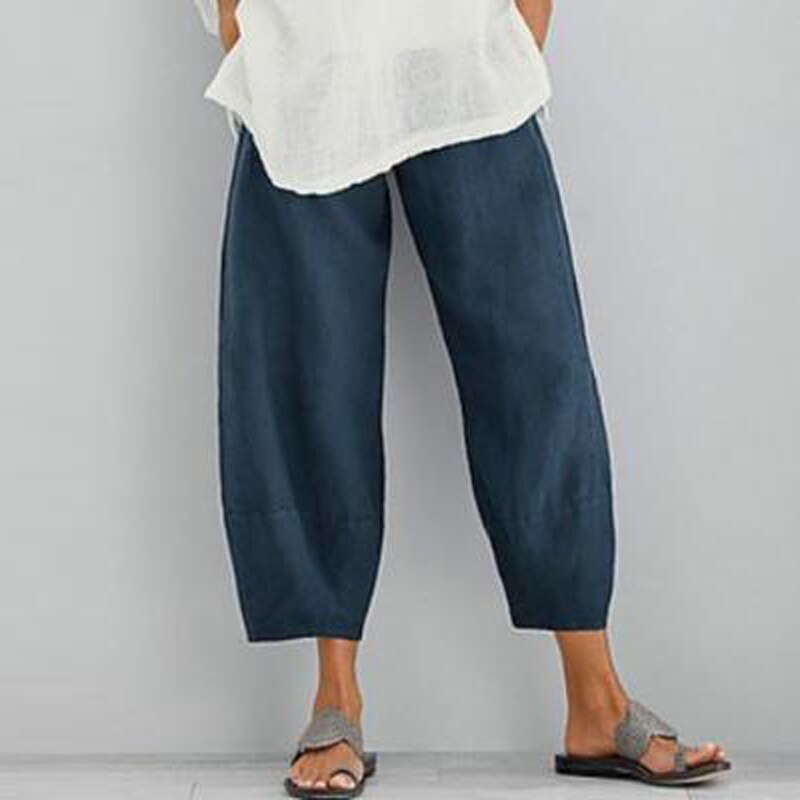 Women Cotton Linen Vintage Pants 2021 Summer Elastic Waist Irregular Trousers Pantalon Casual Dandelion Print Cropped Pants 5XL