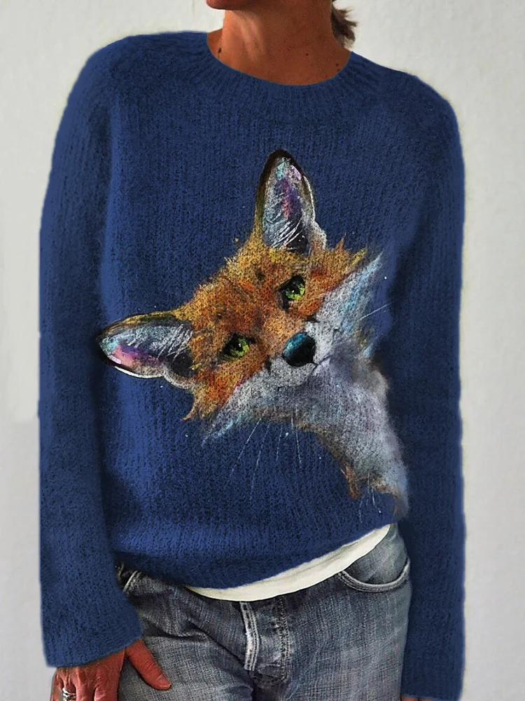 🔥kukelife🔥Fuzzy Peeking Fox Painting Cozy Knit Sweater