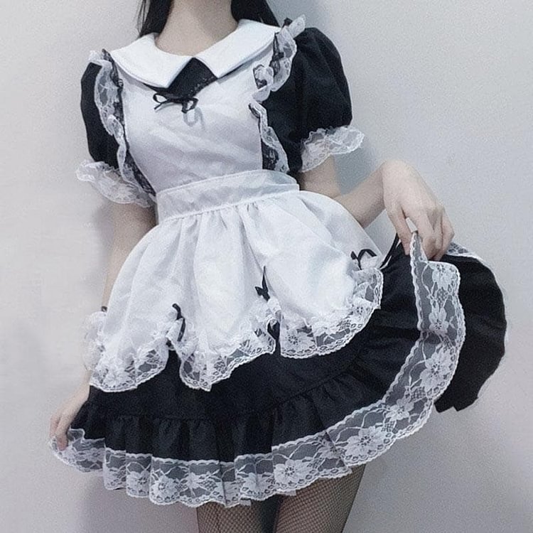 Cute Black White Lolita Lace Bow Maid Dress SP16534