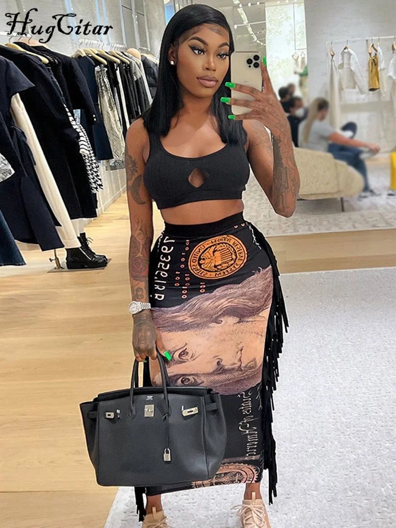Hugcitar Dollor Print Tassel High Waist Midi Dress Skirt Traf 2021 Fall Women Fashion Streetwear Y2K