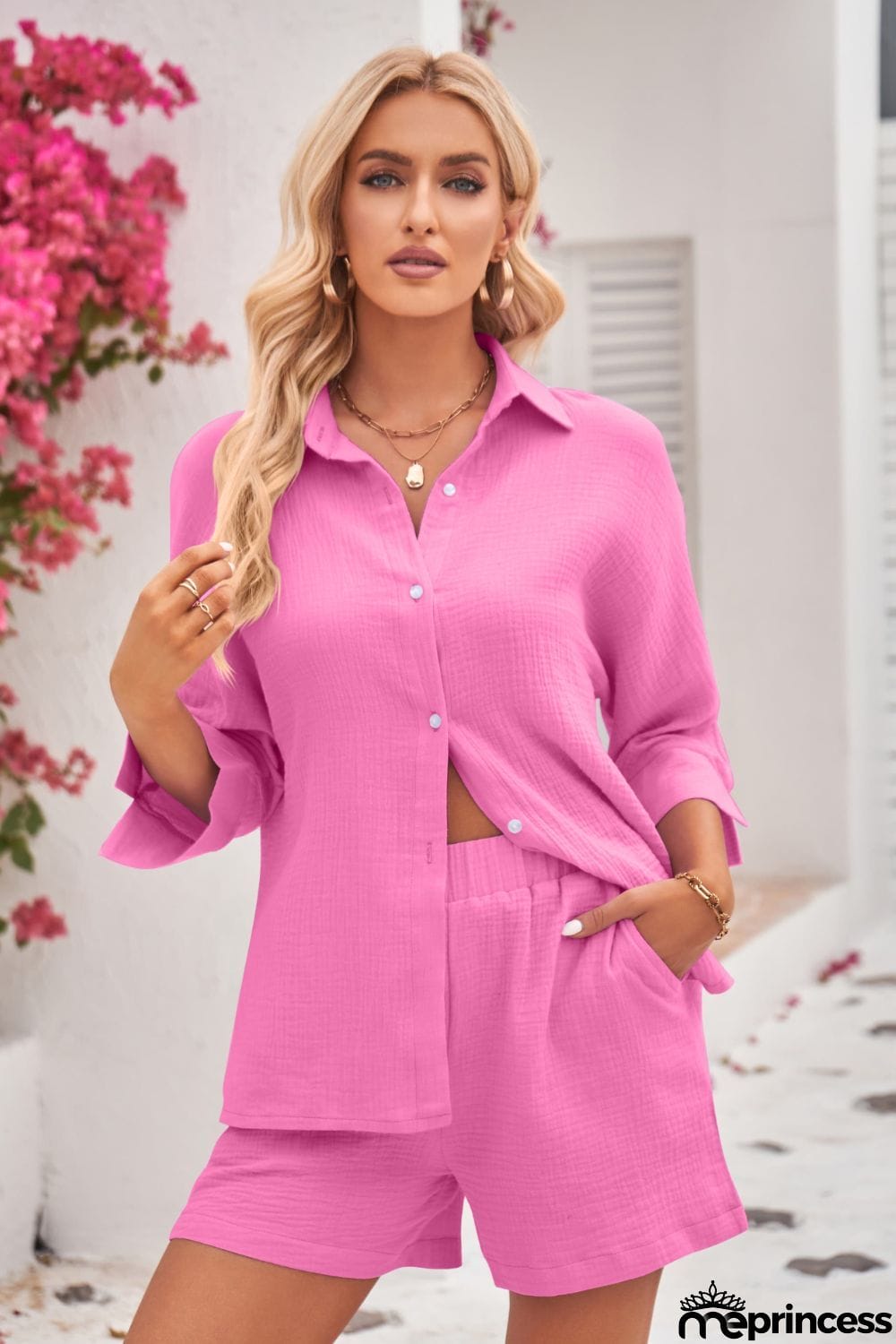 Textured Shirt and Elastic Waist Short with Pockets
