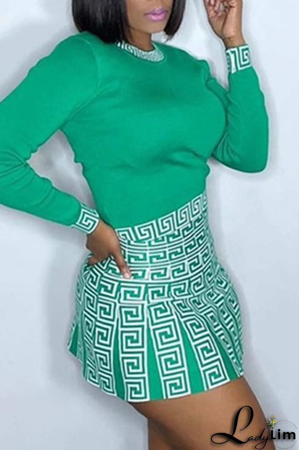 Blue Casual Print Patchwork O Neck Long Sleeve Two Pieces