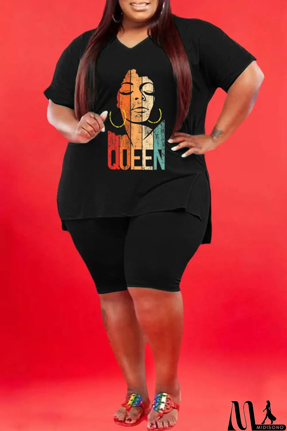 MidiSono - Black Casual Print Slit V Neck Plus Size Two Pieces