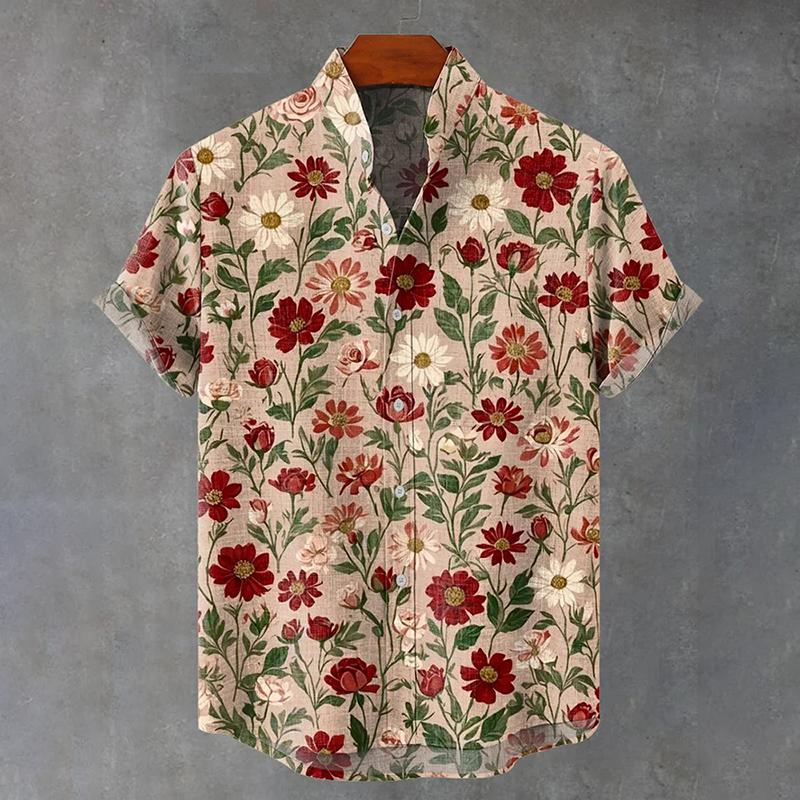Men's Japanese-style Floral Print Short-sleeved Shirt  artssus