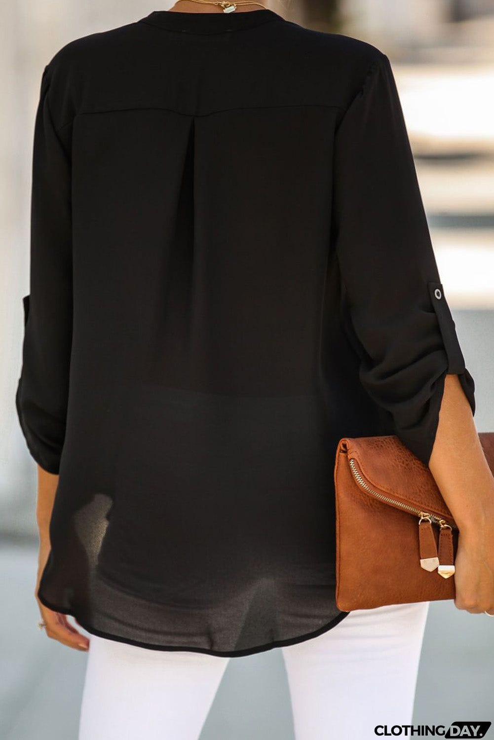 Split Collar Roll Up Sleeve Blouse