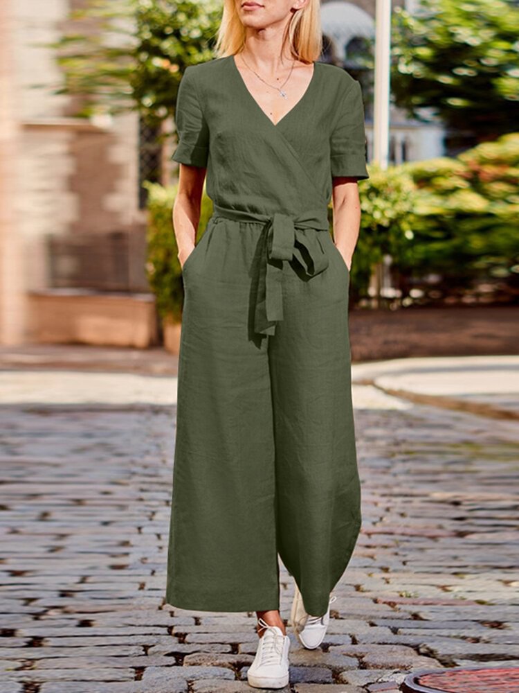 Solid Sash Pocket V Neck Casual Jumpsuit - BlackFridayBuys