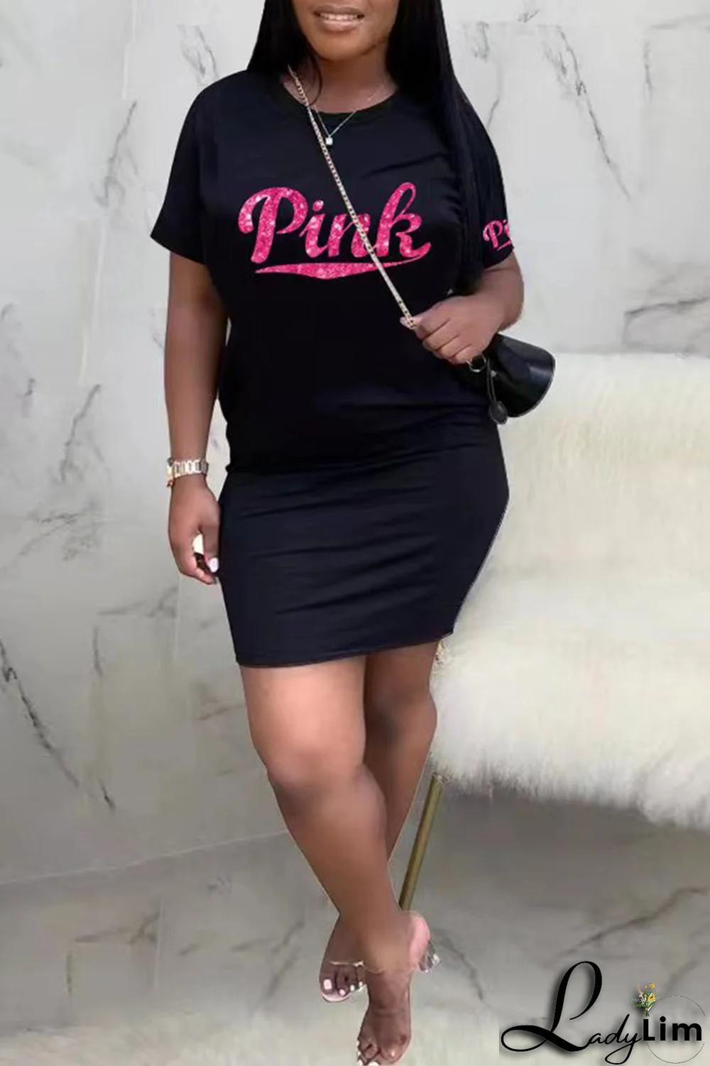 Pink Fashion Patchwork Sequins O Neck Pencil Skirt Dresses