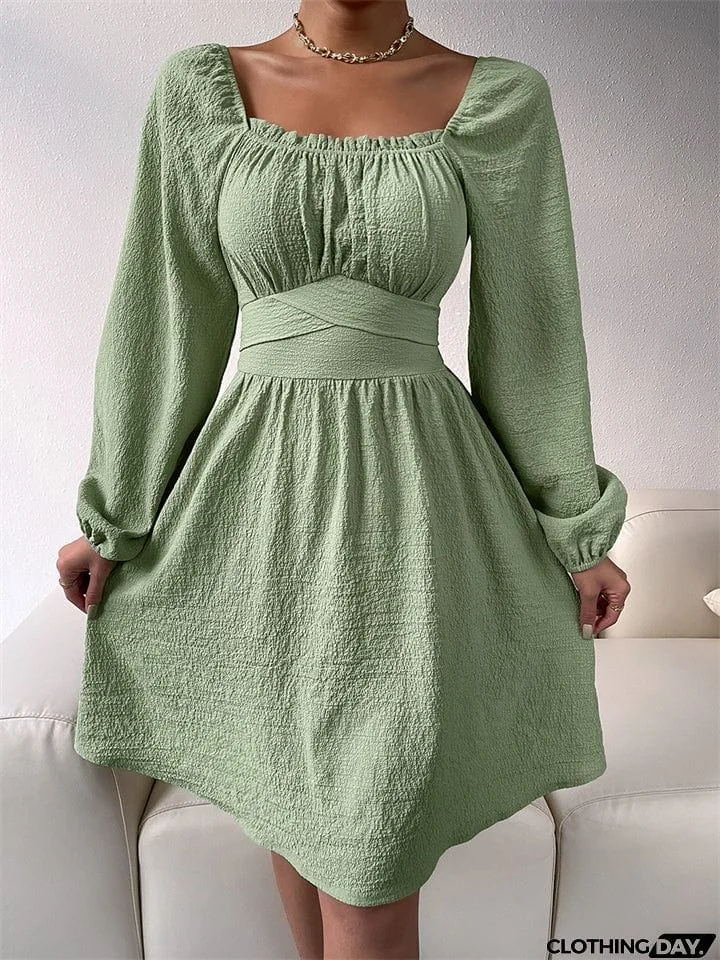 Temperament Trendy Lady Square Neck Long Sleeve High-waisted A-line Dress