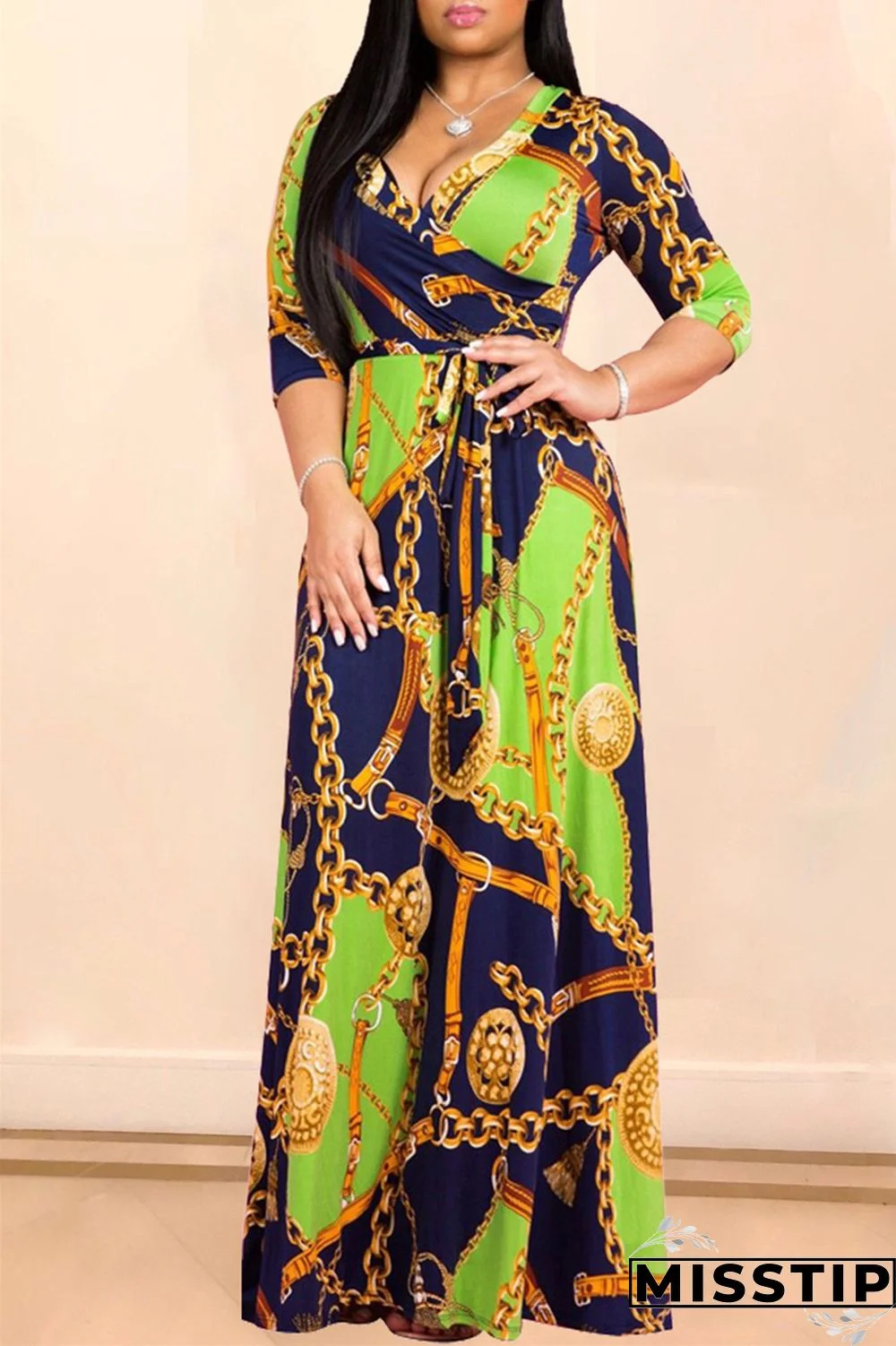 Blue Fashion Casual Print Bandage V Neck Long Sleeve Dresses