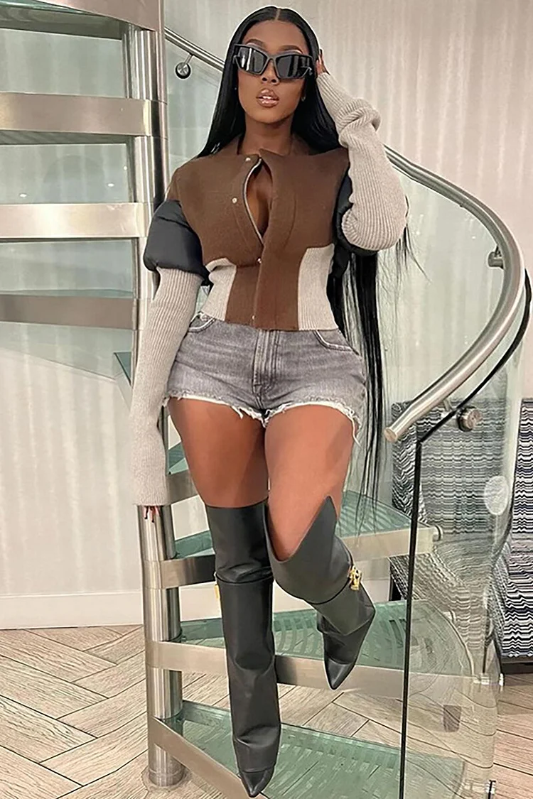 Knit Patchwork Button Up Long Sleeve Colorblock Jacket-Brown