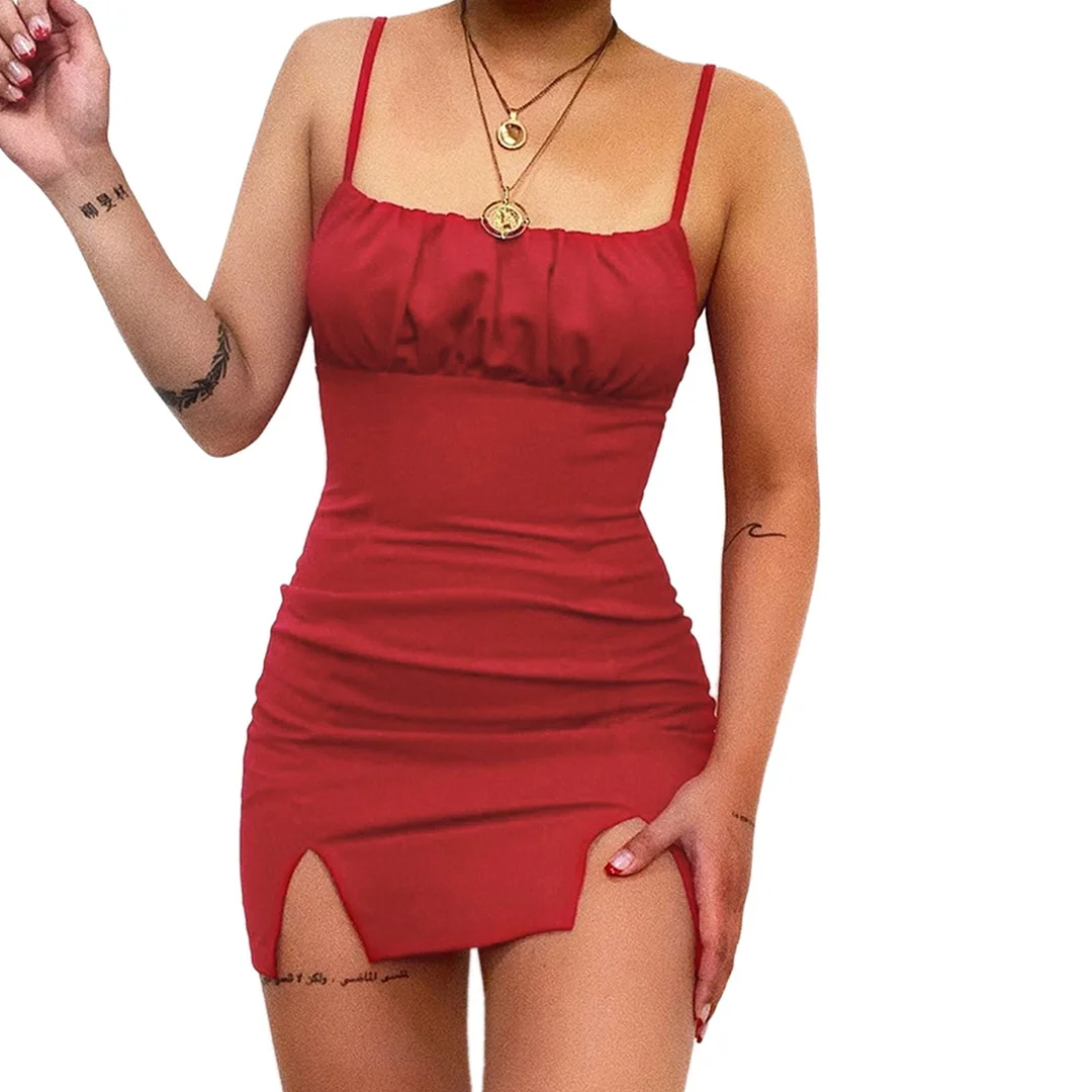 Women Sleeveless Double Split Dress Fashion Summer Solid Color Spaghetti Strap Mini Bodycon Dress Chic Ladies Pleated Sundress