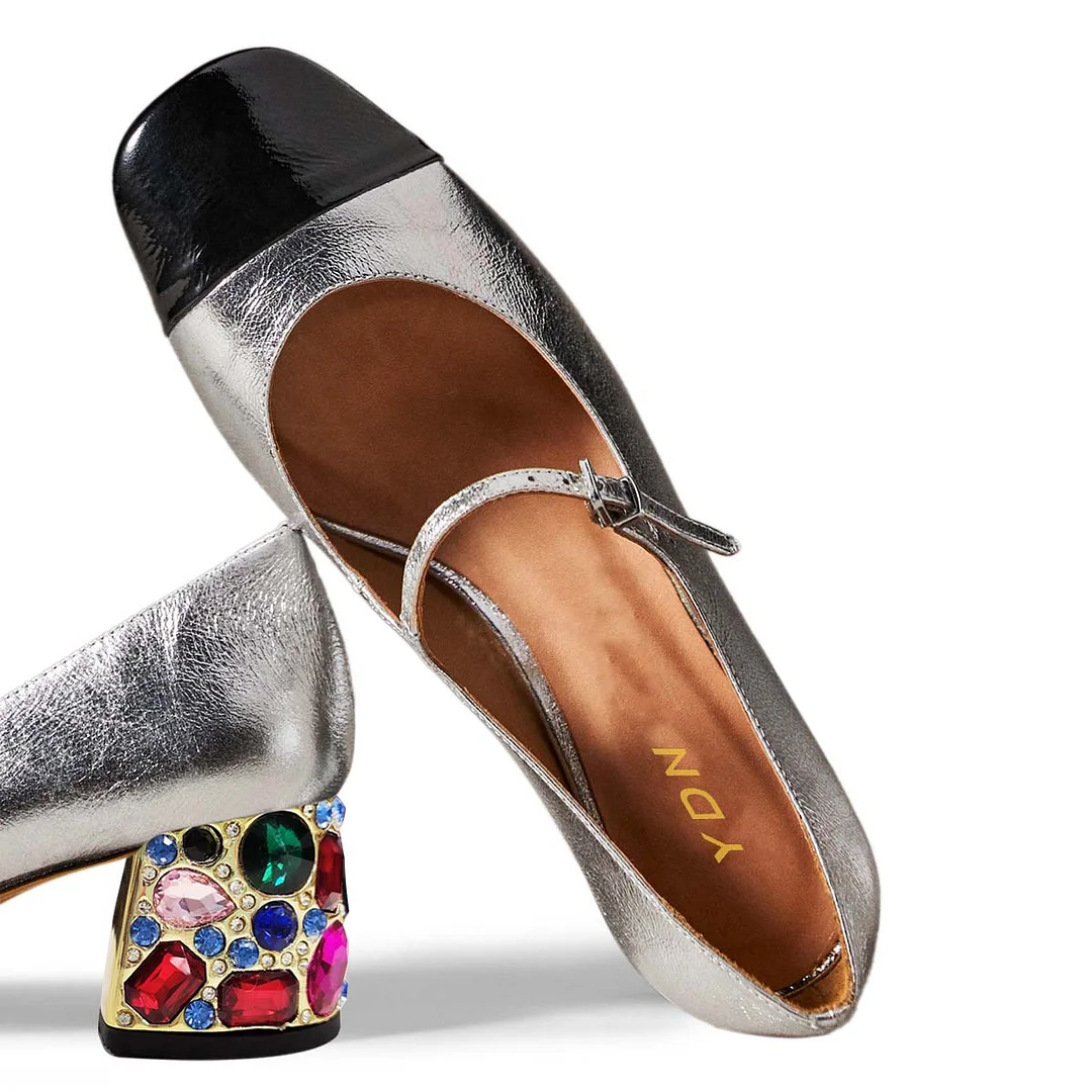 Silver Vegan Leather Metallic Touch Square Toe Strap Mary Janes